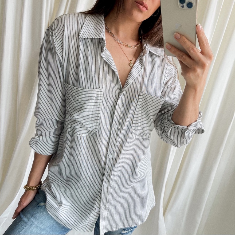 Classic Striped Button-Up Shirt—Ivory/Black - Picture 5 of 14